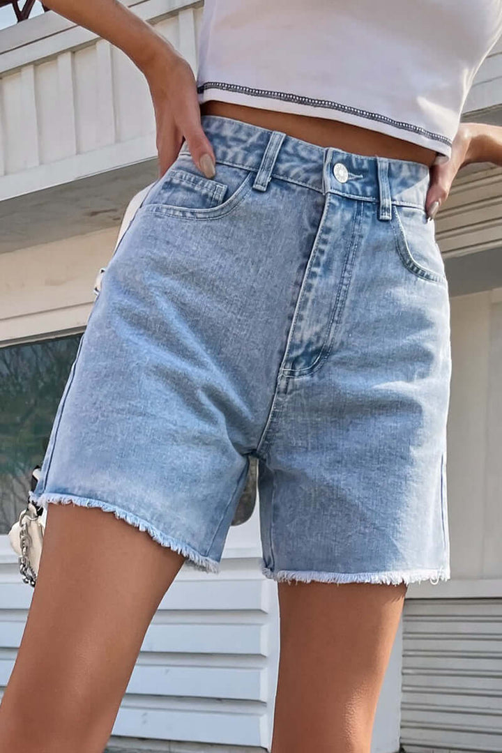 Women's Denim Shorts: Raw Hem, Solid Color