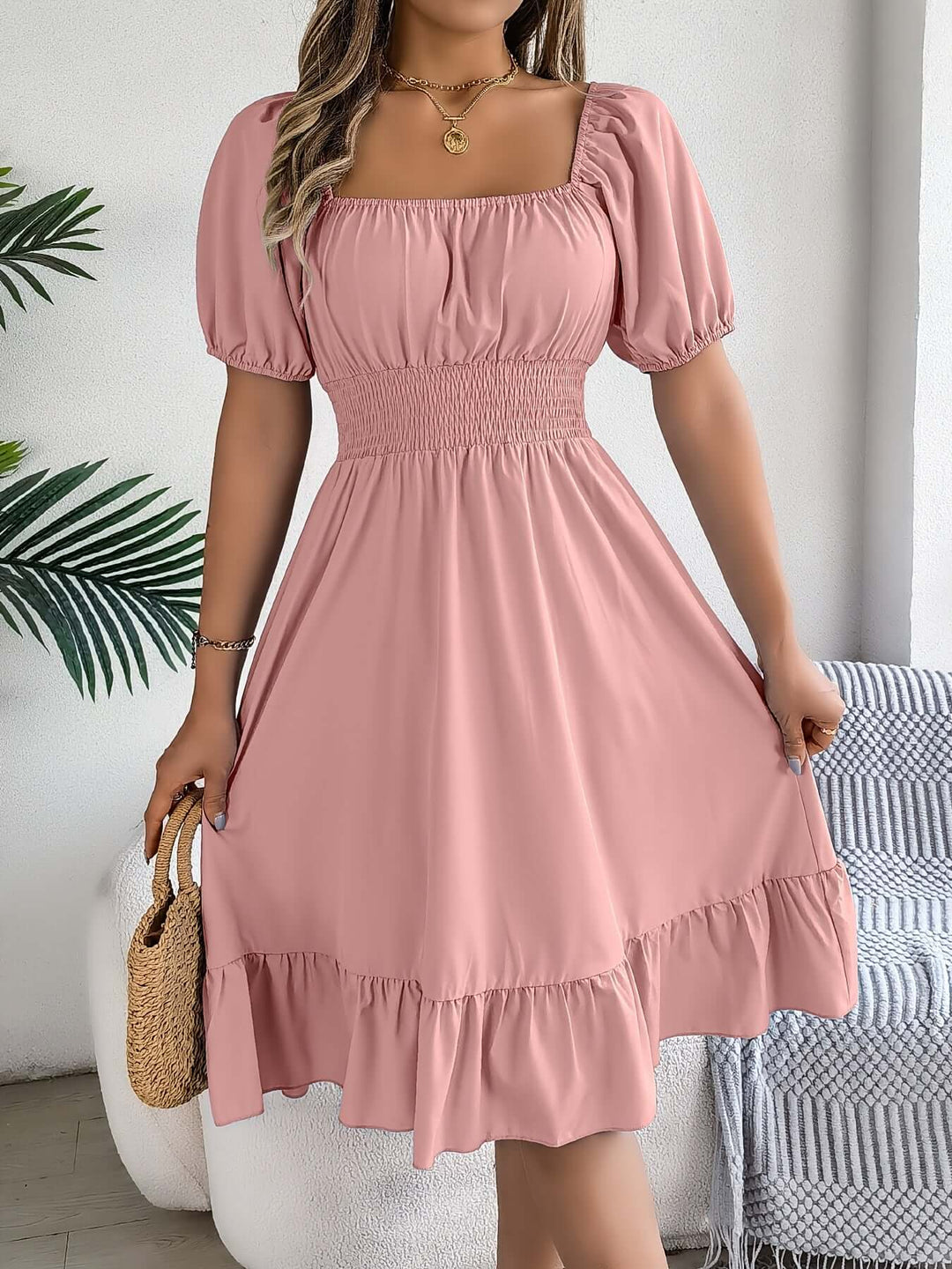 Women's Puff Sleeve Midi Dress with Smocked Bodice