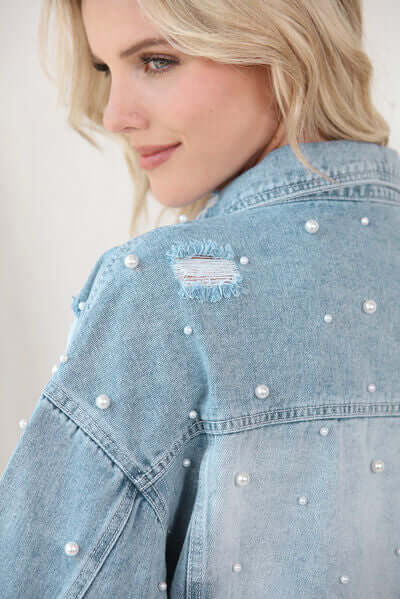 Women's Raw Hem Denim Jacket with Pearl Trim