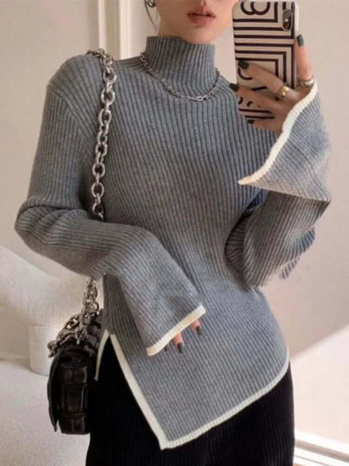 Women's Ribbed Turtleneck Knit Sweater, Long Sleeves, Asymmetric Hem