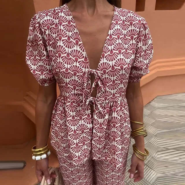 Women's Boho Chic Two-Piece Set: Puff Sleeve Top & Wide Leg Pants