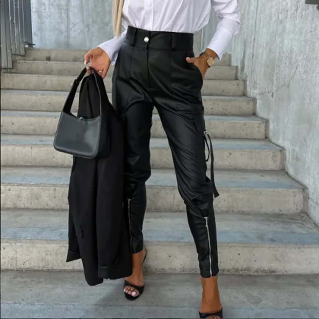 Women's High-Waisted Faux Leather Pants: Tapered Fit Cargo Trousers