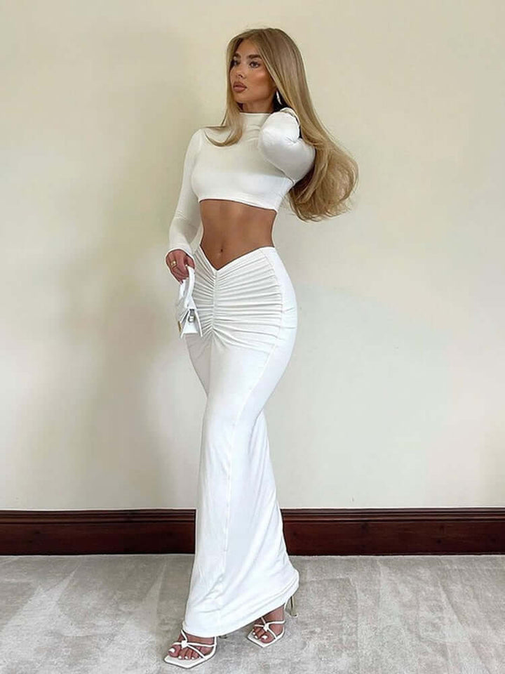 Women's Bodycon Two-Piece Set: Long Sleeve Crop Top & Maxi Skirt