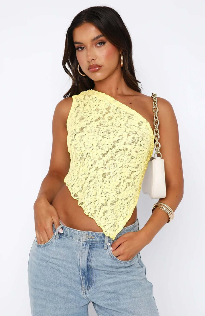 Elegant One-Shoulder Lace Top with Asymmetrical Hem