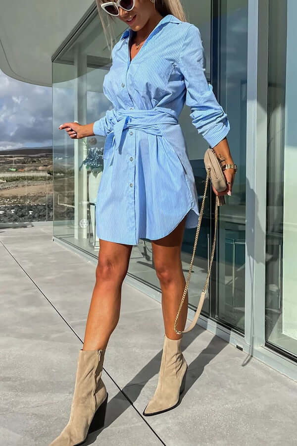 Women's Long Sleeve Button-Down Shirt Dress with Waist Tie