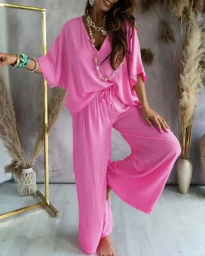 Women's Relaxed Fit Loungewear Set: V-Neck Top & Wide Leg Pants