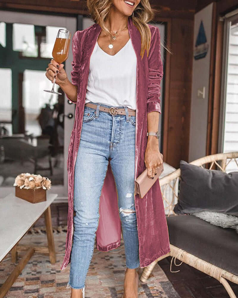 Women's Long Velvet Duster Cardigan - Relaxed Fit, Open Front