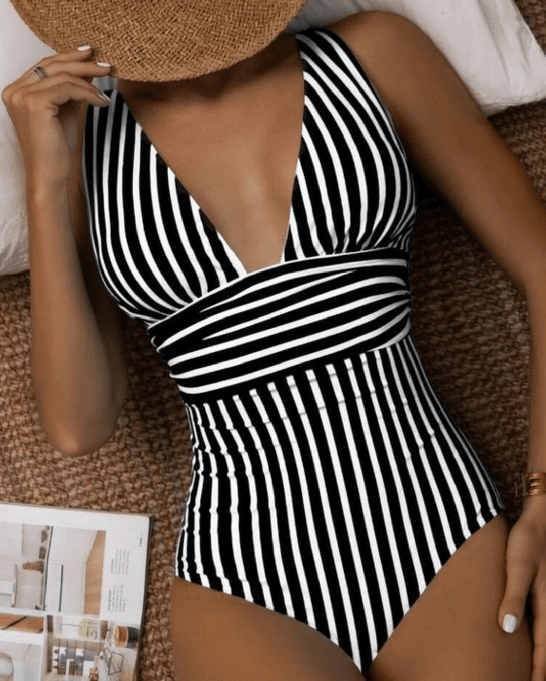 Women's Striped Halter Neck One-Piece Swimsuit