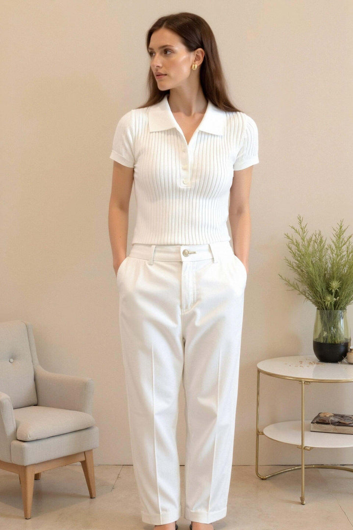Women's Ribbed Knit Short Sleeve Polo Shirt