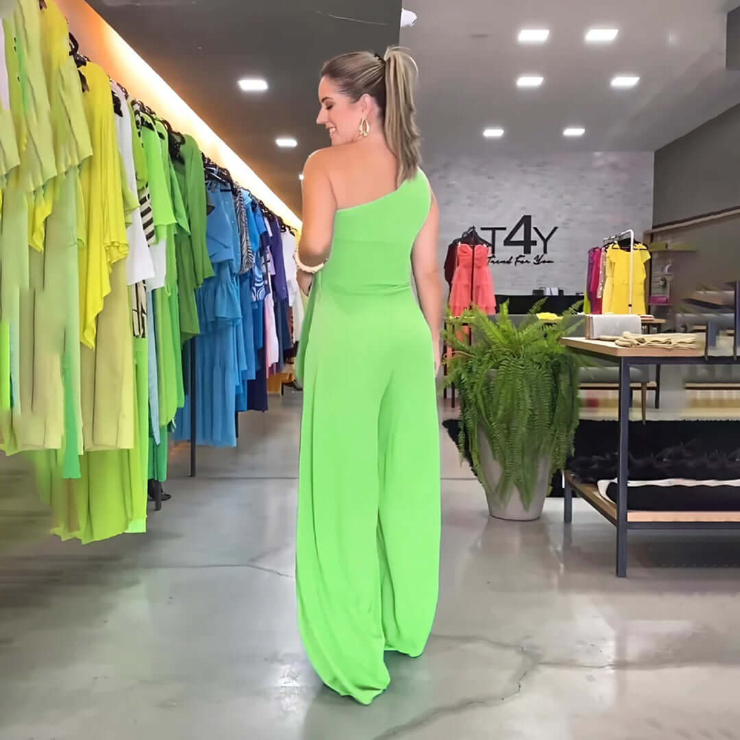 Women's One-Shoulder Wide-Leg Jumpsuit with Waist Tie