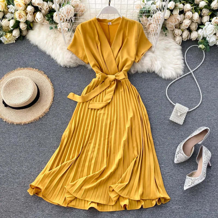 Women's Knee-Length Pleated Dress: Elegant V-Neck High Waist