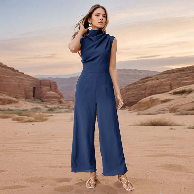 Women's Casual Sleeveless High Collar Top & Wide Leg Pants Set