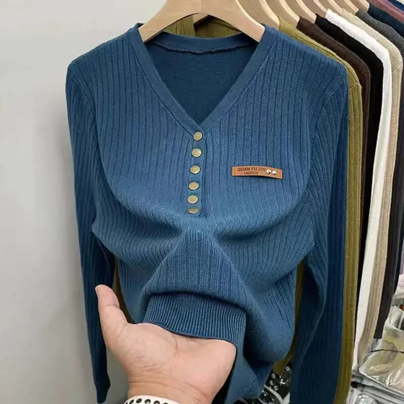 Women's V-Neck Warm Knit Sweater with Button Detail