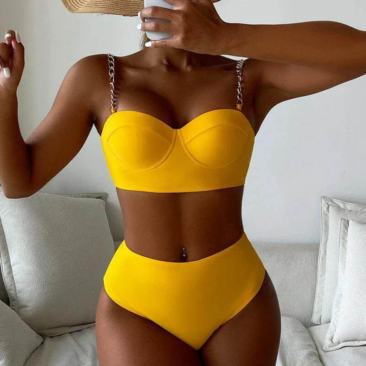 Women's High-Waisted Padded Bikini Set with Chain Detail