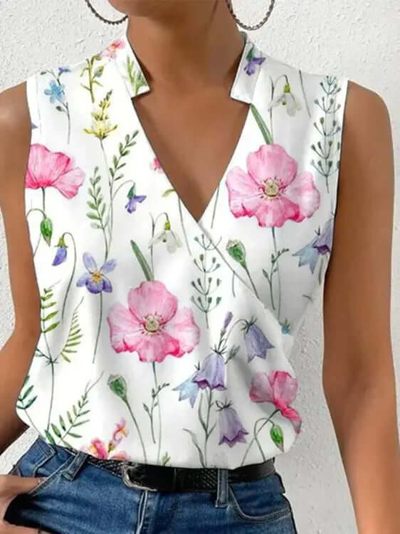 Women's Summer Sleeveless V-Neck Printed Blouse