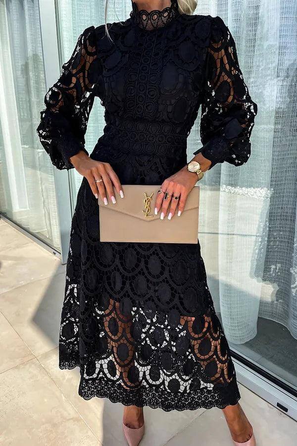 Elegant Lace Midi Dress with Puff Sleeves