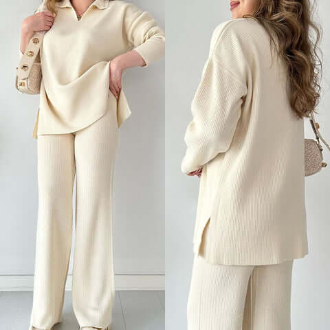 Women's Cozy Knit Loungewear Set: V-Neck Top & Flared Pants