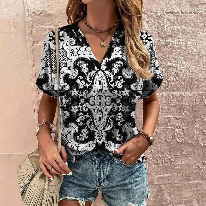 Women's Short Sleeve V-Neck Paisley Blouse
