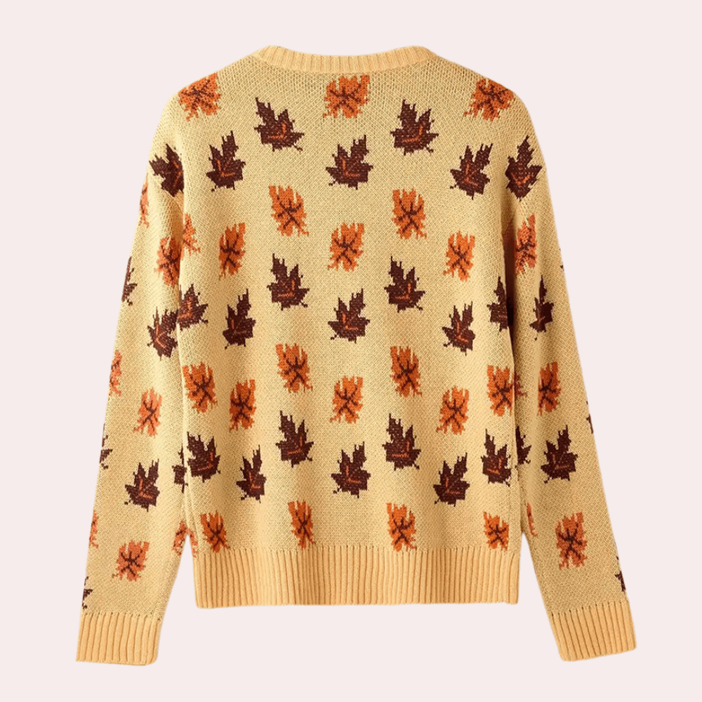 Women's Long-Sleeve Knit Sweater with Leaf Pattern