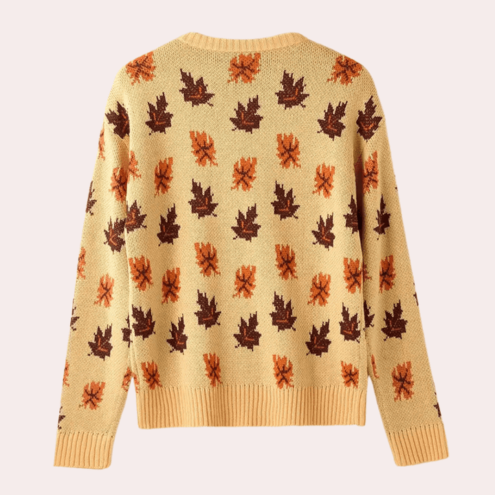 Women's Long-Sleeve Knit Sweater with Leaf Pattern