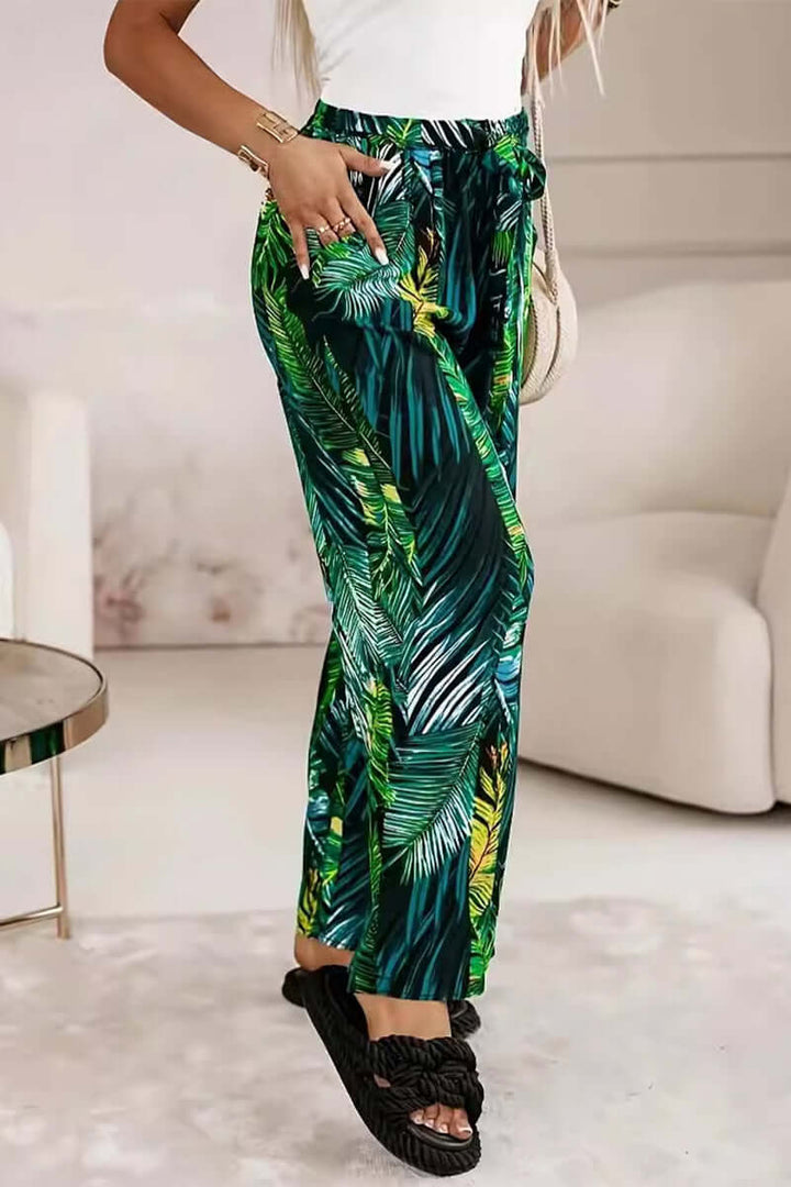 Women's Wide-Leg Tropical Print Trousers: Elastic Waist, Casual Style