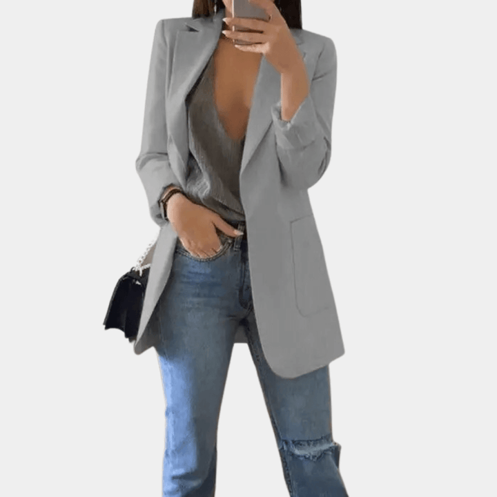 Women's Longline Tailored Blazer: Open Front, Notched Lapel