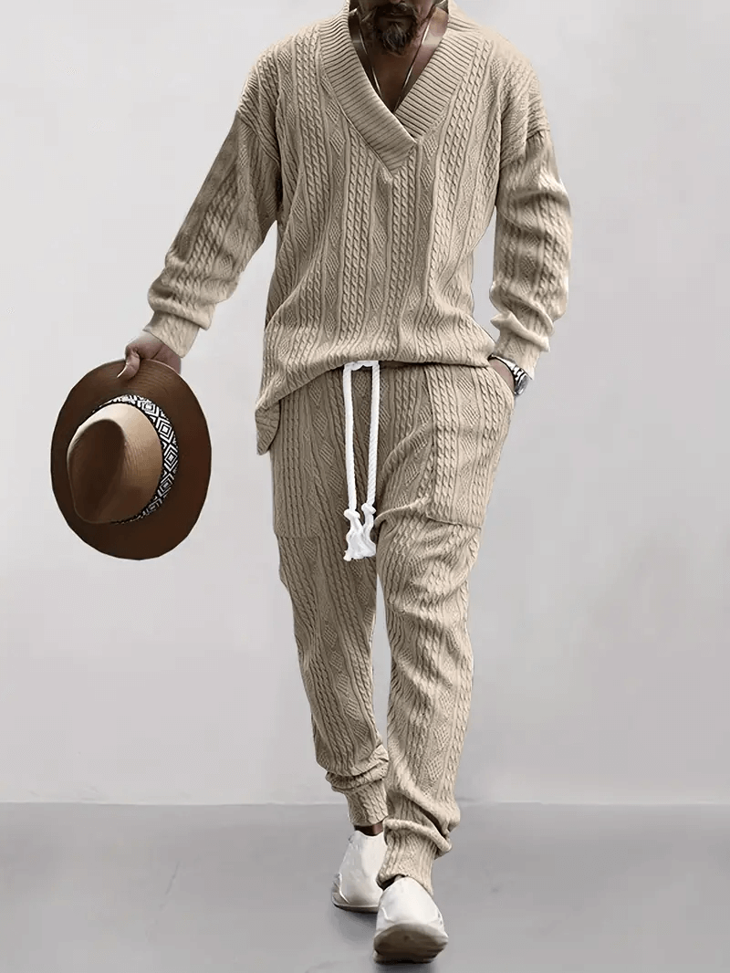 Men's Cable Knit Loungewear Set: V-Neck Top & Drawstring Joggers