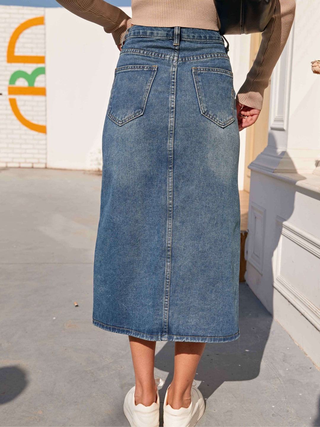 Women's High Waist Denim Midi Skirt with Front Slit
