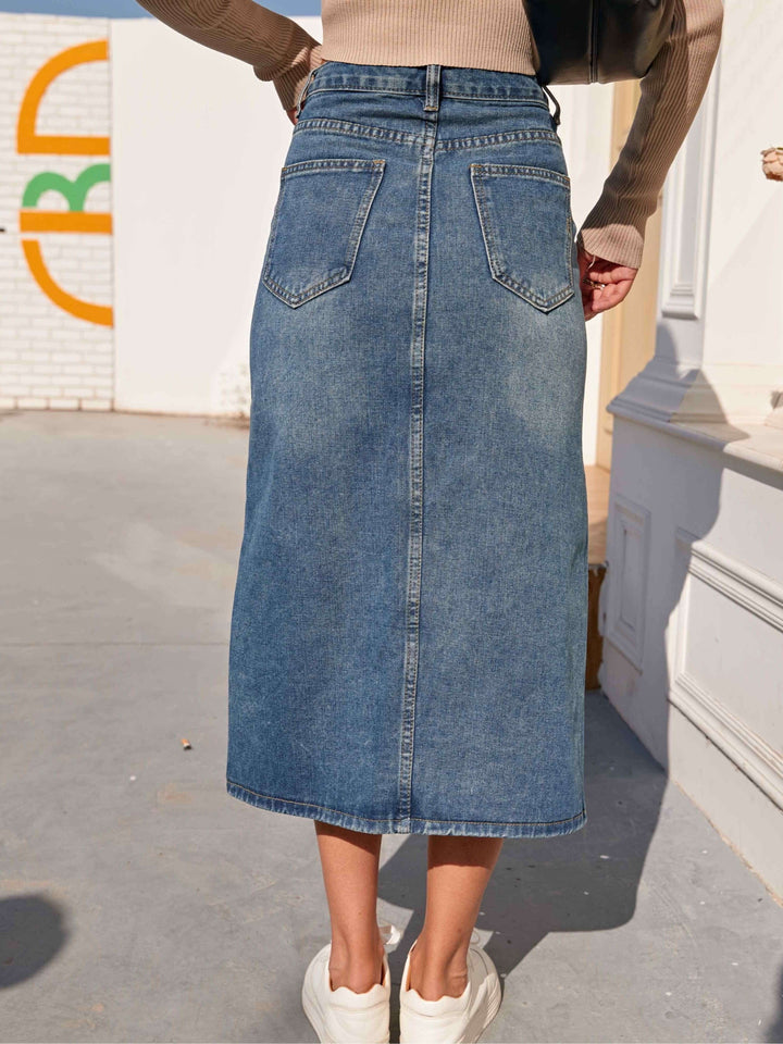 Women's High Waist Denim Midi Skirt with Front Slit