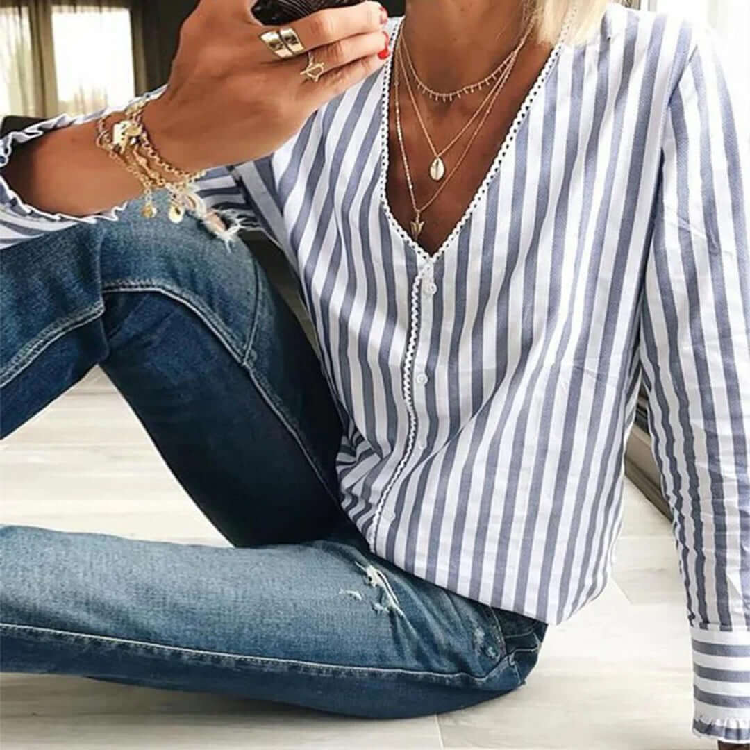 Women's Striped V-Neck Blouse: Relaxed Fit Long Sleeve Top