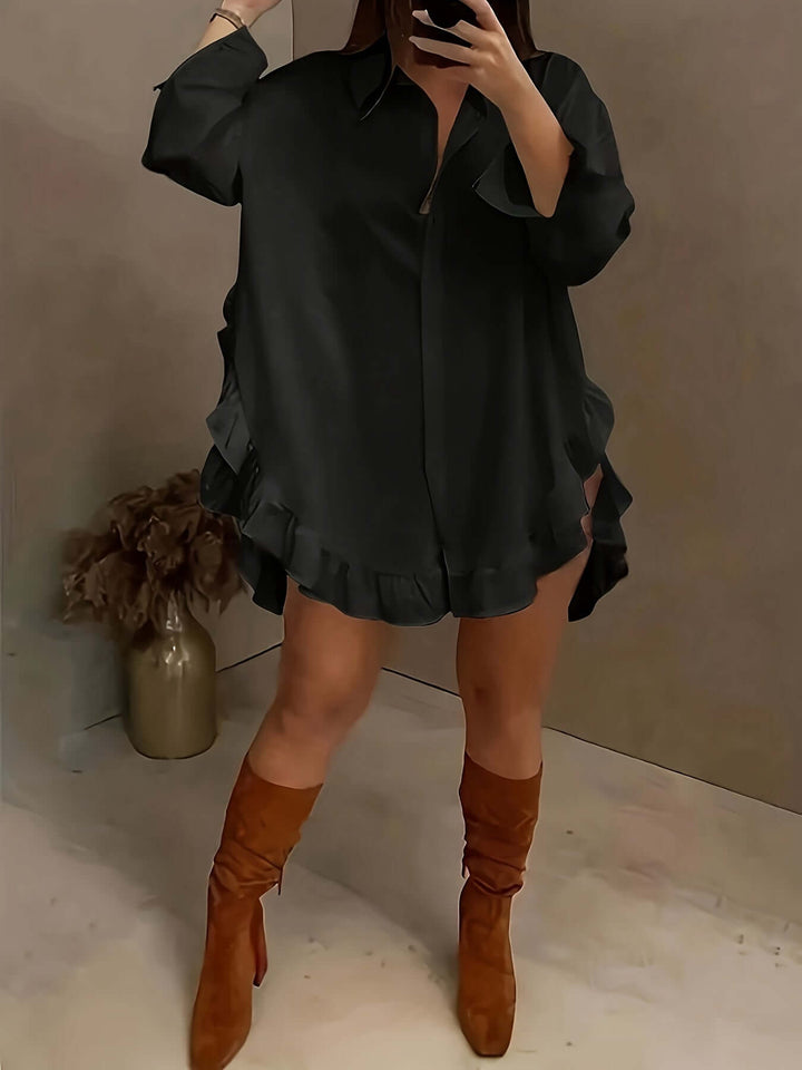 Women's Relaxed Fit Long Sleeve Shirt Dress with Ruffle Hem