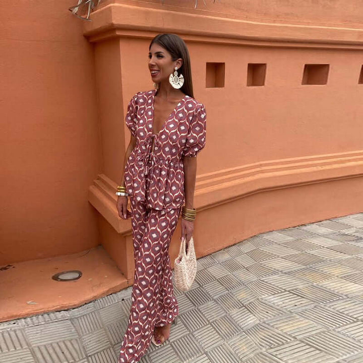 Women's Boho Chic Two-Piece Set: Puff Sleeve Top & Wide Leg Pants
