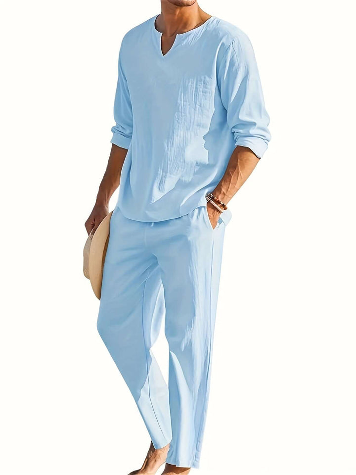 Men's Casual Two-Piece Outfit: V-Neck Top & Relaxed Trousers