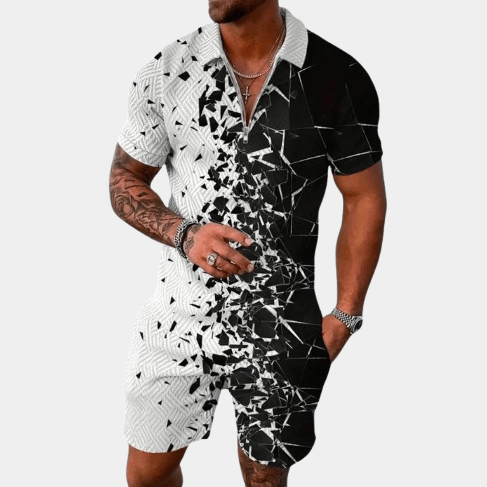 Men's Summer 2 Piece Set: Geometric Print, Zip-Up