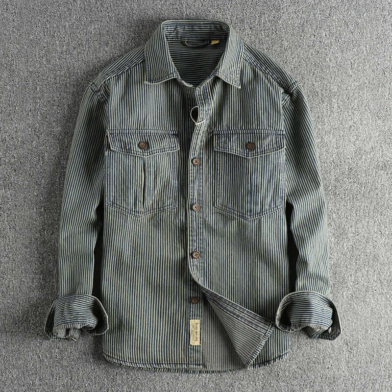 Men's Retro Striped Long-Sleeve Denim Shirt