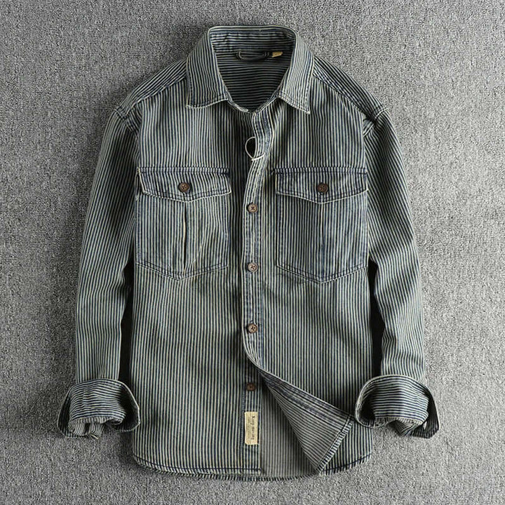 Men's Retro Striped Long-Sleeve Denim Shirt