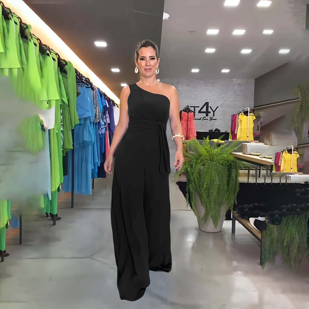 Women's One-Shoulder Wide-Leg Jumpsuit with Waist Tie