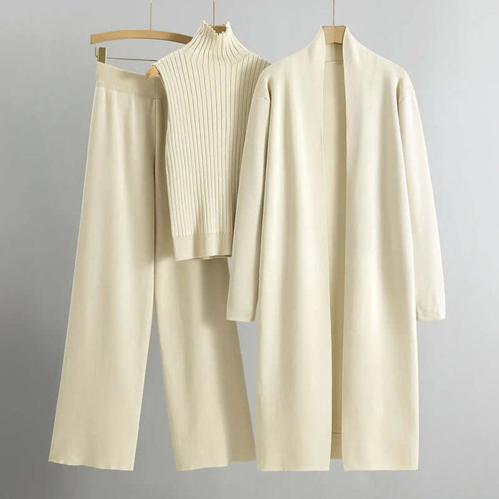 Women's Knitted 3-Piece Set: Sleeveless Top, Cardigan & Wide Leg Pants