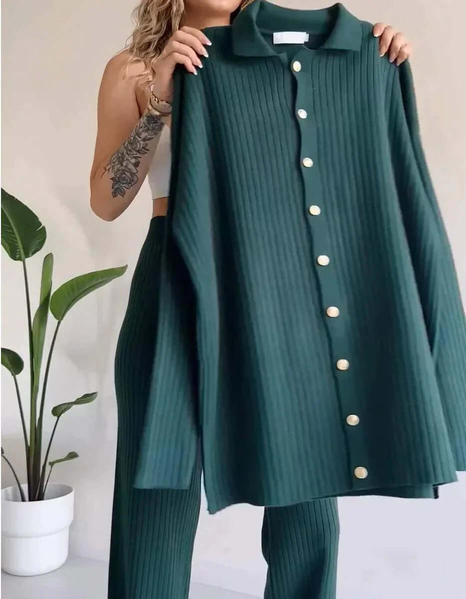 Women's Knit Two-Piece Set: Cardigan & Wide-Leg Pants