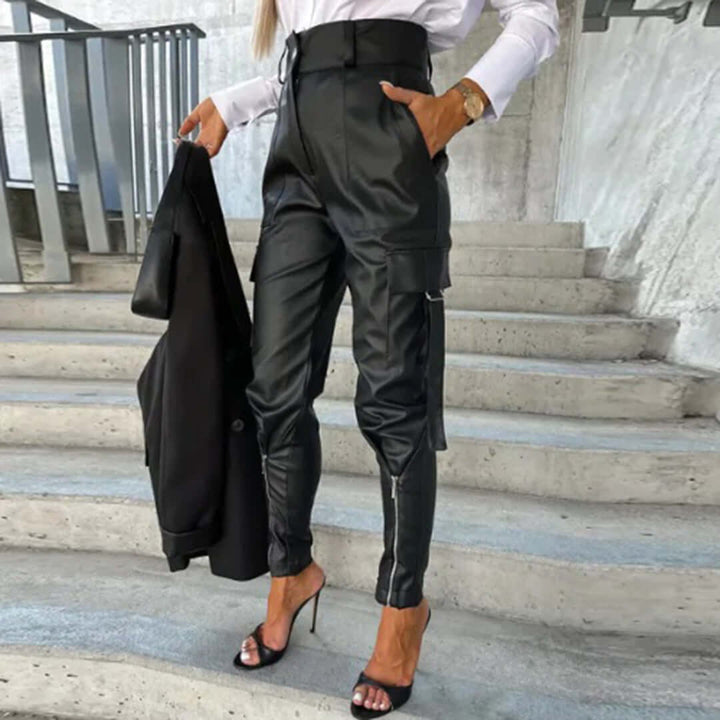 Women's High-Waisted Faux Leather Pants: Tapered Fit Cargo Trousers
