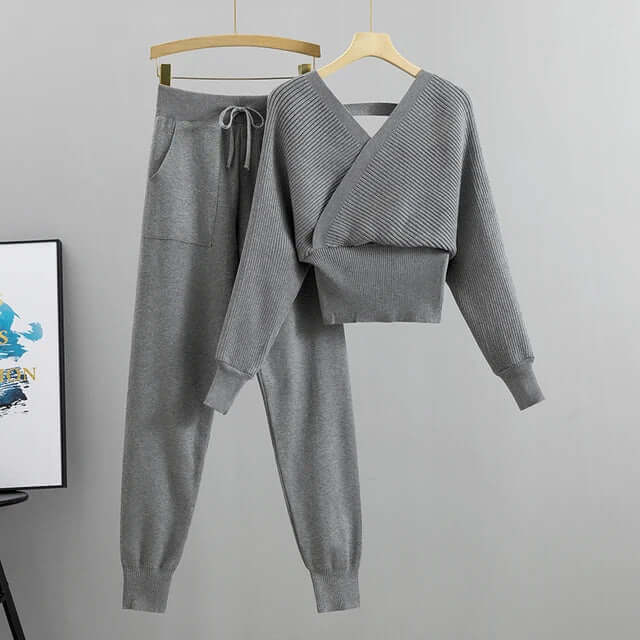Women's Ribbed V-Neck Top & Harem Pants Set