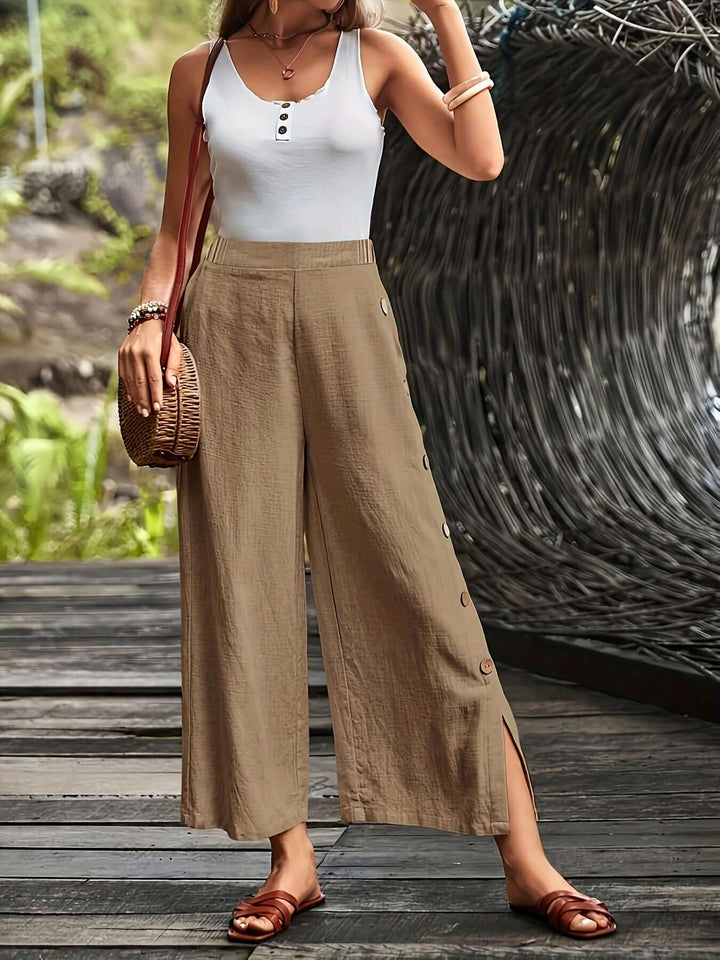 Women's High-Waisted Wide Leg Trousers: Relaxed Fit & Elastic Waist