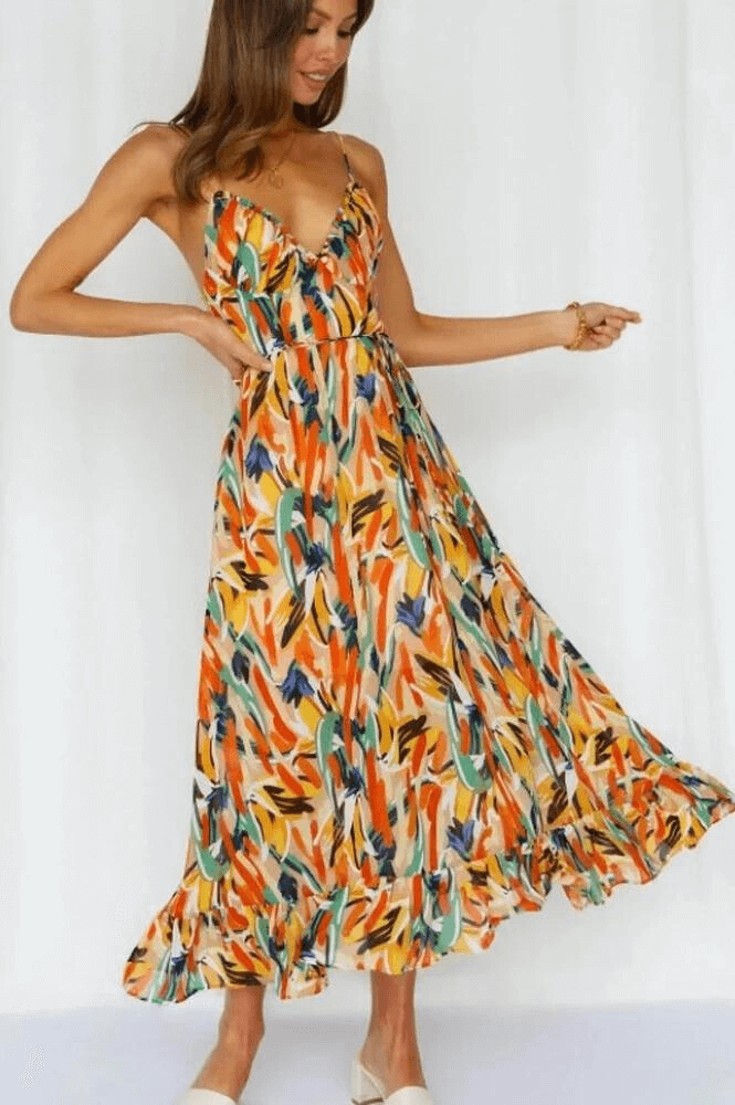 Women's Flowy Midi Sundress: A-Line, Sweetheart Neck, Ruffled Hem