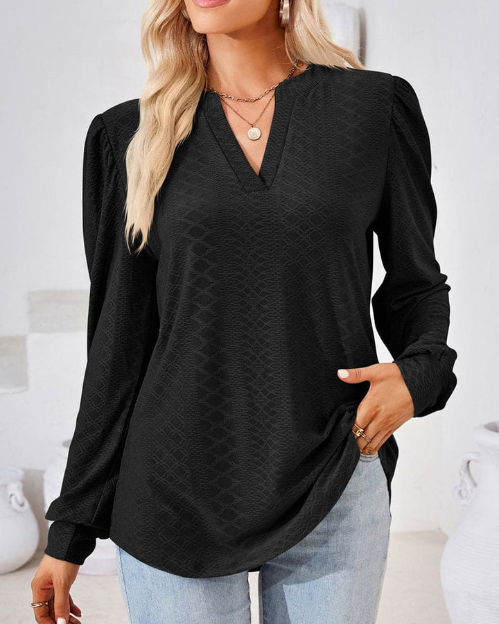Women's V-Neck Puff Sleeve Blouse: Loose Fit, Elegant Style