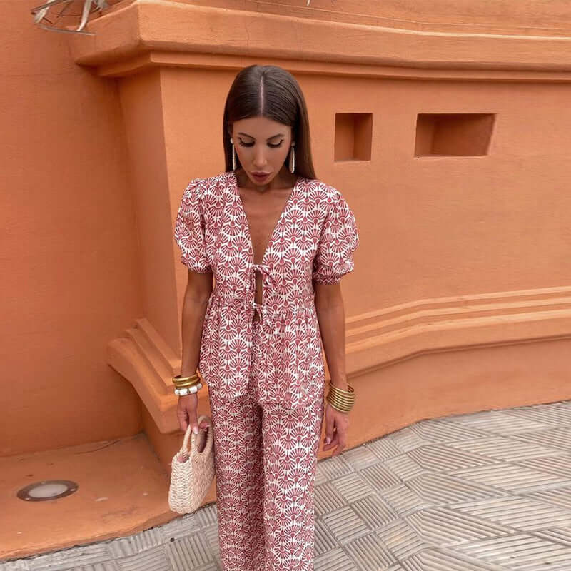 Women's Boho Chic Two-Piece Set: Puff Sleeve Top & Wide Leg Pants