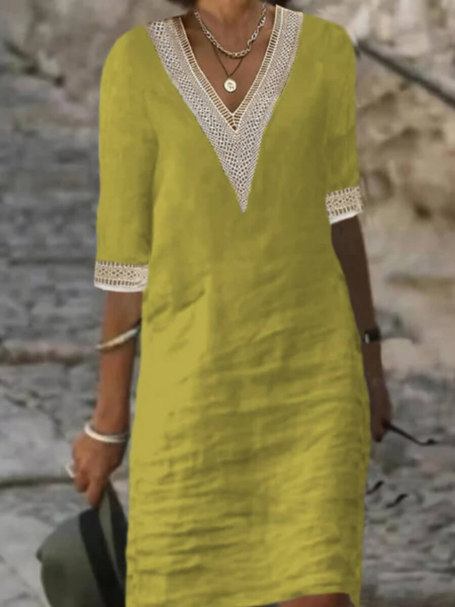 Women's Summer Dress: Relaxed Fit, V-Neck, 3/4 Sleeve
