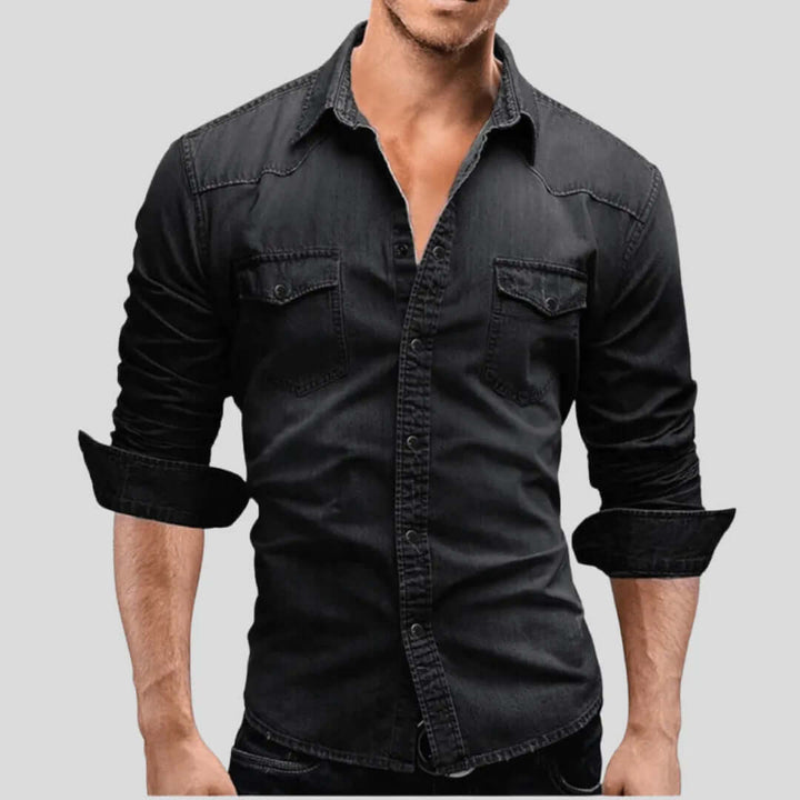 Men's Denim Shirt: Regular Fit, Long Sleeves, Snap Closure