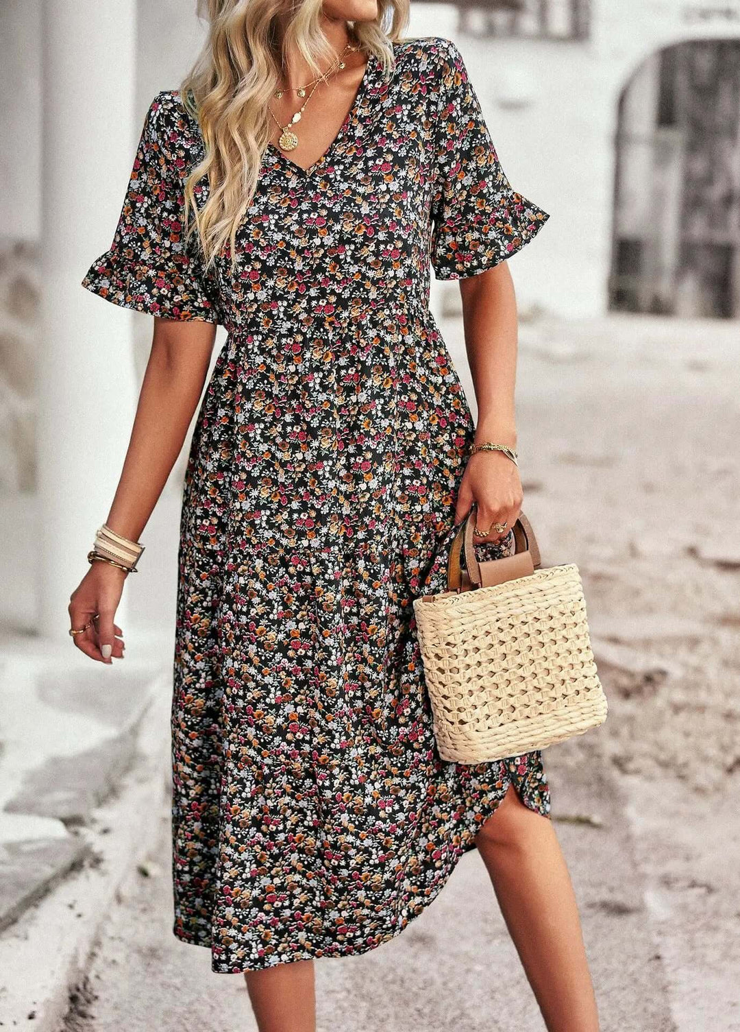 Floral Print Short Sleeve V-Neck Summer Dress