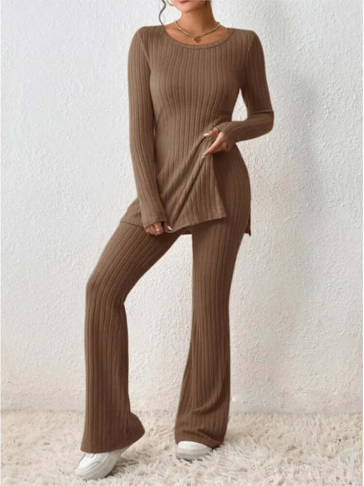Women's Ribbed Knit Set: Long Sleeve Top & Flared Trousers