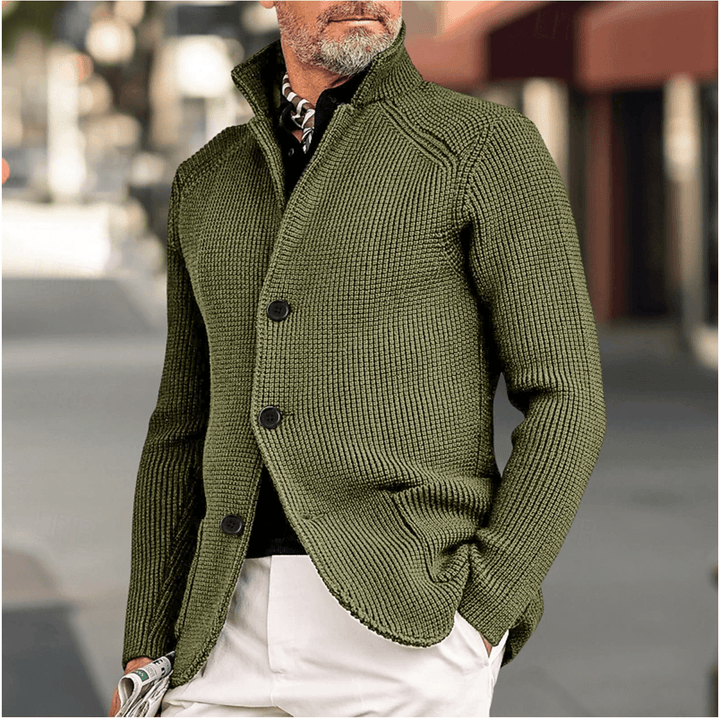 Men's Ribbed Knit Cardigan: Tailored Fit, High Collar